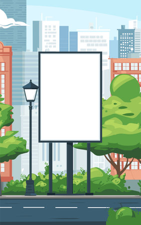 Urban billboard blank empty space advertising. Cityscape background buildings trees street lamp. Advertisement board mockup downtown scene bright daylightのイラスト素材