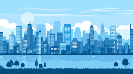 Urban skyline blue theme monochromatic cityscape, skyscrapers buildings silhouette background. Tranquil urban sunset sunrise scene, waterfront metropolitan panorama. Serene city skylineのイラスト素材