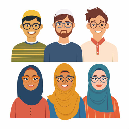 Diverse group six illustrated characters, three men three women smiling faces. Men appear youthful, casual attire, one cap, another beard glasses, third glasses. Women colorfulのイラスト素材