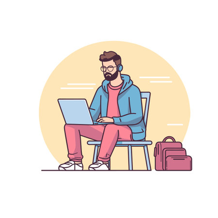 Bearded man using laptop seated chair, casual attire, work remote location, headphones, focused task. Freelancer working portable computer, hipster style, productivity concept, calm backgroundのイラスト素材
