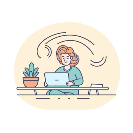 Woman working laptop desk, indoor plant, wireless signal, calm expression, minimalistic style, pastel colors. Remote worker connects online using WiFi, productivity home office scenario, modernのイラスト素材