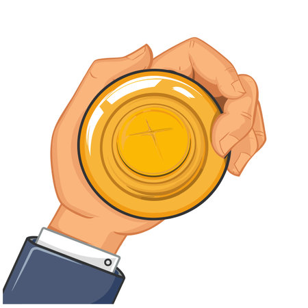 Hand holding gold coin, financial success, wealth savings concept. Closeup hand grips coin securely, financial responsibility, investment value symbol. Cartoon style hand, business attire, symbolのイラスト素材
