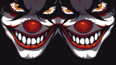 Symmetrical monster face design featuring red eyes, fangs, dark tones. Intricate fantasy beast illustration suitable tattoos, apparel, gaming. Menacing creature artwork vibrant colorsのイラスト素材