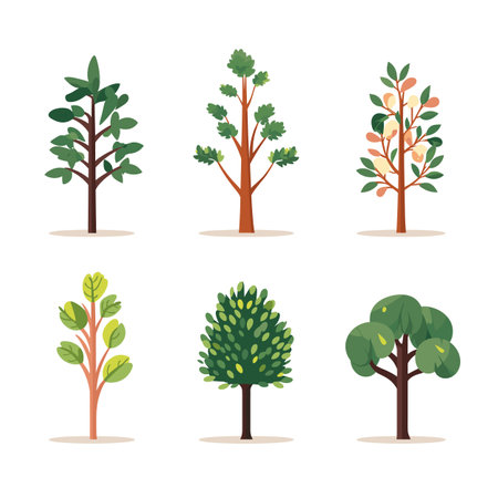 Six different types cartoon trees against isolated white background, representing various species seasons. Flat design vector illustration diverse trees showing different shapes, leaf types, colorsのイラスト素材