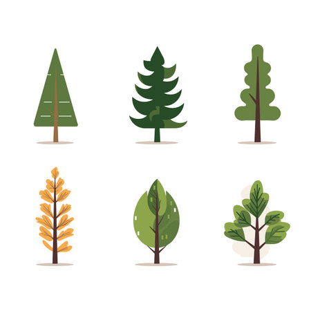 Set six different stylized trees vector illustration isolated white background. Various tree shapes leaf types including evergreen deciduous represented simple flat design. Nature, environmentのイラスト素材