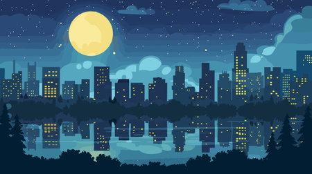Nighttime cityscape vector illustration featuring skyscrapers glowing windows reflected water under full moon starry sky. Peaceful urban scene Wall Art, tranquil night city graphic design. Cartoonのイラスト素材