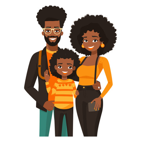 African American family standing together, parents child bond, family portrait, African American ethnicity, casual fashion, joyful characters, family, togethernessのイラスト素材