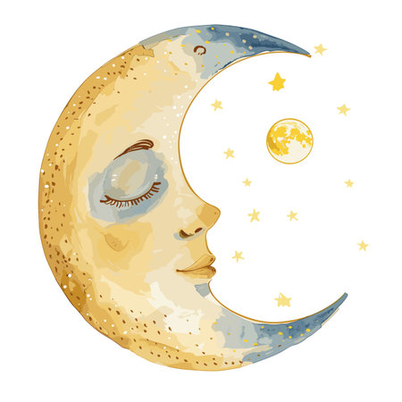 Crescent moon face stars sky serene illustration. Golden crescent moon sleeping face closed eye, stars, small full moon. Artistic human features, peaceful celestial bodyのイラスト素材