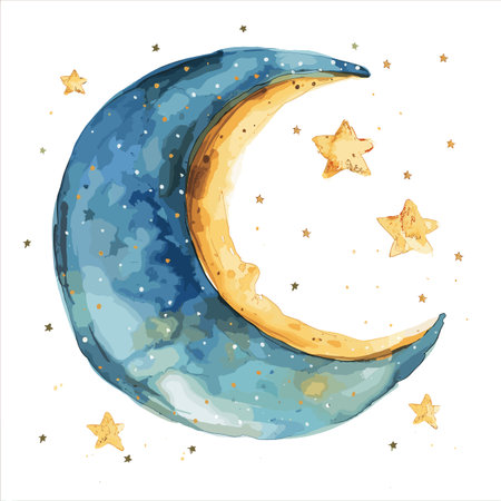 Starry night scene featuring crescent moon surrounded golden stars. Artistic celestial body illustration watercolor style. Moon stars sparkle isolated white background celestial decorationのイラスト素材