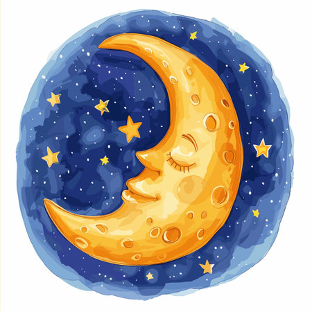 Golden crescent moon cradled navy blue night sky adorned twinkling stars. Cheerful moon sleeping peacefully surrounded cosmic space. Artistic celestial body illustration evoking bedtime storiesのイラスト素材