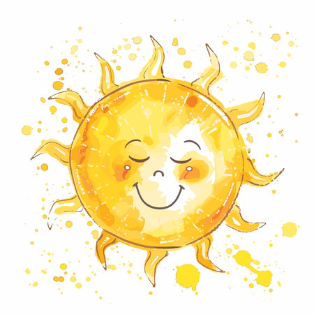 Happy cartoon sun winking watercolor style, smiling sunshine yellow orange splashes background. Cute sunny character joyful expression, wink playful sunbeam illustration kids nursery decor. Brightのイラスト素材