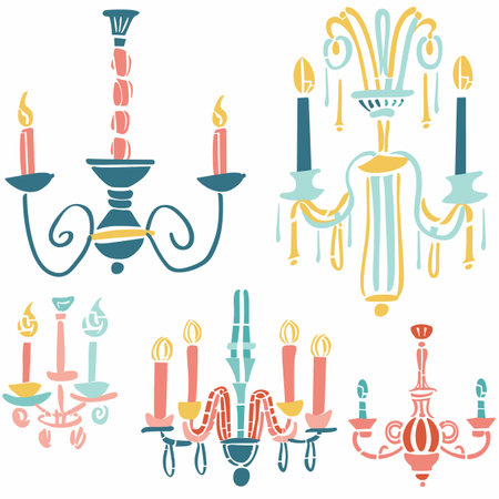 Four different styles chandeliers, pastel vintage designs, elegant lighting fixtures, chandelier features multiple candles, detailed ornaments, soft color pallets. Classic ceilingmounted lightのイラスト素材