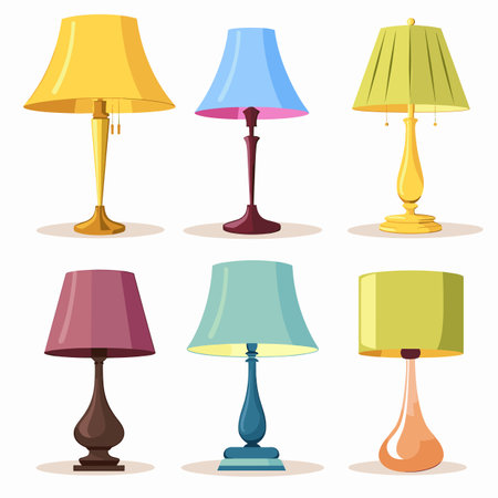 Collection colorful table lamps different styles designs home decoration. Modern classic light fixtures bright colors shapes interior design isolated white background. Assortment six lampshadesのイラスト素材