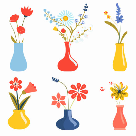 Six colorful floral arrangements various vases, flat design graphic, vase has unique shape color, flowers displayed include tulips, daisies abstract blossoms. Cartoon flowers vases, vibrant tonesのイラスト素材