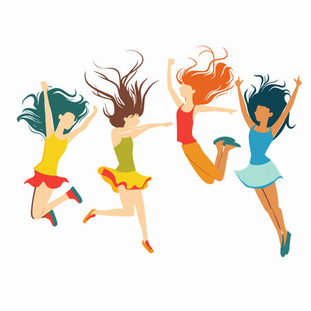Four joyful women dancing freely expressing happiness excitement. Diverse female characters celebrating, wearing colorful casual dresses, shoes, dynamic hair movement. Joy celebration energeticのイラスト素材