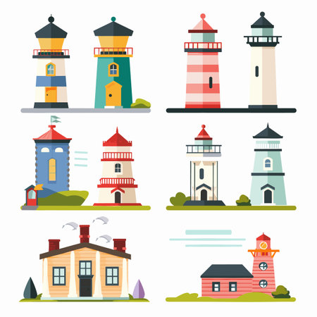 Collection colorful lighthouse illustrations set against isolated white background, different designs architectures, lighthouse unique, ranging classic red white stripes more modern blue yellowのイラスト素材