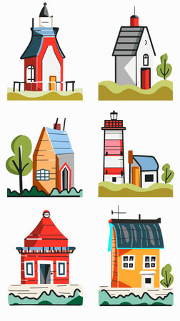 Collection various colorful simple houses buildings illustrations. Graphic style structures including lighthouse, fire station, residential homes. Cartoon architecture, isolated white backgroundのイラスト素材