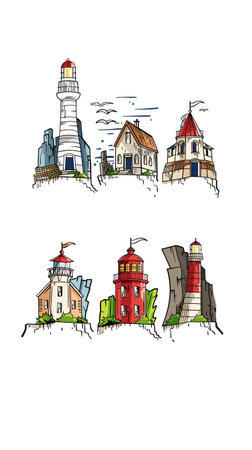 Handdrawn colorful lighthouse illustrations set seaside navigational structures birds soaring blue sky. Coastal scene lighthouse red top, adjacent buildings, rock formations included. Colorfulのイラスト素材
