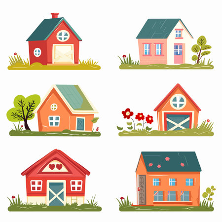 Collection colorful cartoon houses various styles surrounded nature. Illustration features six different homes, cute ideal storybook scenes. Bright, pastel colors, simple shapes, charmingのイラスト素材