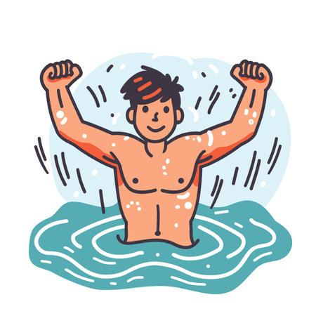 Man celebrating victory water, fists raised, splashing water. Male enjoys swimming success, depicting energy, excitement. Cartoon man winning race, expression triumph poolのイラスト素材