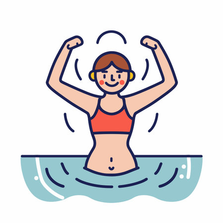 Fitness enthusiast woman demonstrating strength vitality during workout. Female character sports attire showcasing muscle, fitness routine water. Energetic young lady flexing arms, engaging aquaticのイラスト素材
