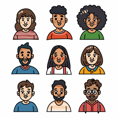 Nine diverse cartoon avatars represent different ethnicities, gender, hairstyles, facial expressions. Men women smiling, casual wear prominent, simple colorful style, avatar exhibits individualityのイラスト素材