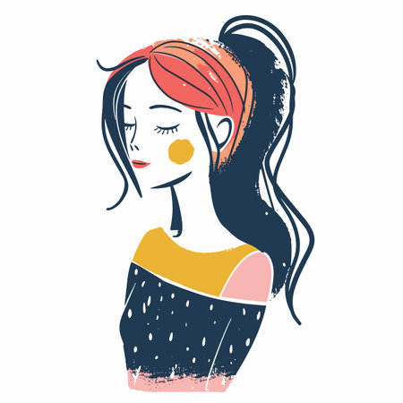 Young woman stylized portrait, modern minimalist fashion illustration. Female closed eyes, peaceful expression, headband, casual top, abstract spots. Trendy girl avatar, artistic profile pictureのイラスト素材
