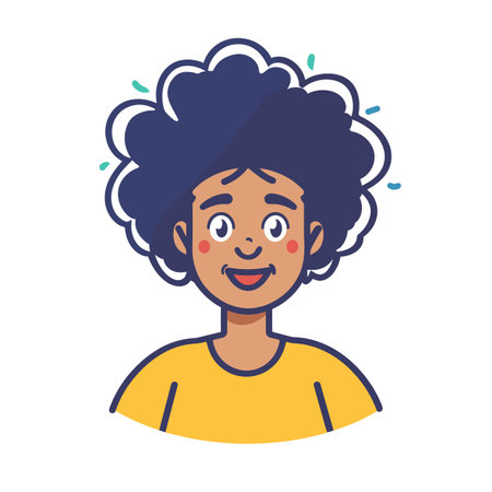 Young African American girl smiling happily, expressive eyes cheerful emotion, casual wear. Dark curly hair, yellow shirt, joyful child, cute cartoon character, vibrant colors, upper body portraitのイラスト素材