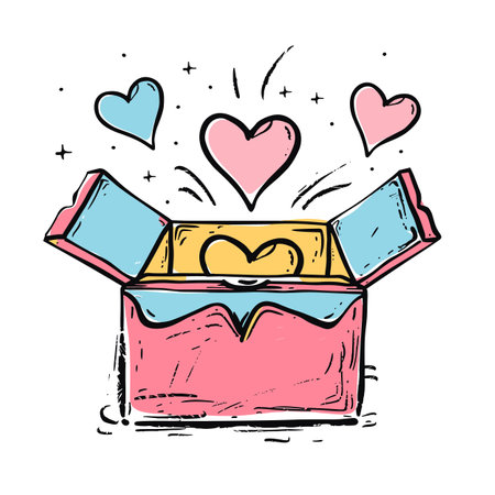 Handdrawn gift box exploding hearts, joyful celebration concept, doodle style. Pink blue surprise box, hearts flying out, fun romantic illustration. Cartoon present, festive gift conceptのイラスト素材