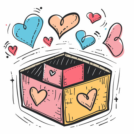 Handdrawn hearts floating out colorful box, symbolizing love, generosity, Valentines Day concepts. Multiple whimsical hearts shades blue, pink, beige soaring diverse sizes, expressing affectionのイラスト素材