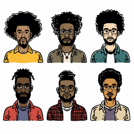 Six African American male portraits, various hairstyles, facial hair, expressions. Men wearing casual shirts, glasses, one beard, different looks, vector illustration. Collection diverse male facesのイラスト素材