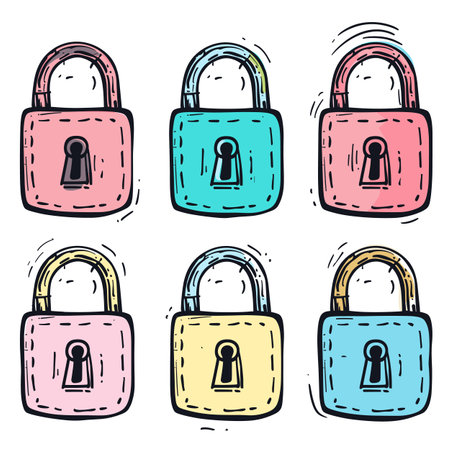 Six colorful padlocks handdrawn cartoon style, security concept isolated white background. Different colors padlock sketches, doodle, protection theme vibrant drawing. Cartoon locks, illustrationのイラスト素材