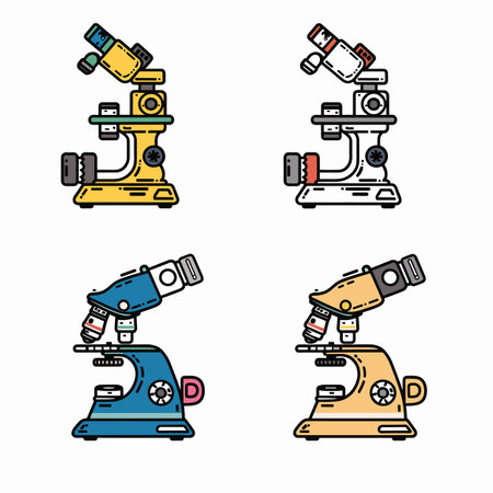Four colorful microscopes vector illustrations, different color schemes. Laboratory science equipment cartoon style. Bright vibrant colored microscopes suitable educational contentのイラスト素材
