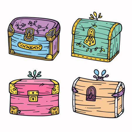 Colorful treasure chests cartoon doodle, hand drawn storage containers, vibrant hues. Four different treasure chests, playful design, lock clasp details, pasteltoned, kids pirate gameのイラスト素材