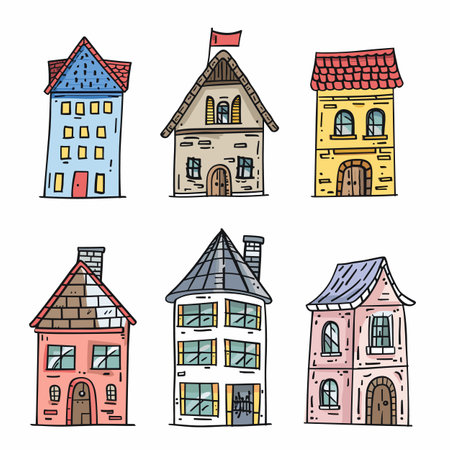 Colorful handdrawn houses, unique various roof colors window styles. Cartoon buildings, detailed architecture, whimsical urban homes. Six assorted individual houses, artistic residential designsのイラスト素材