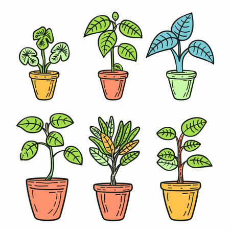 Six colorful houseplants pots handdrawn illustration. Indoor potted plants sketch, botany gardening. Vibrant plant collection, terracotta pots, home decorのイラスト素材