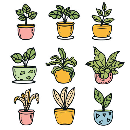 Set handdrawn potted plants, colorful pots various leafy indoor plants. Simple line art style plant illustration, cartoon indoor garden, houseplants collection, colorful potteryのイラスト素材