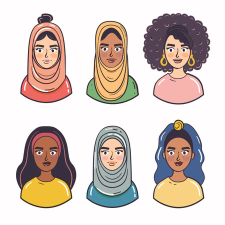 Diverse women portraits, hijab, curly hair, ethnic diversity. Six female characters, multicultural representation, different hair skin tones. Casual apparel, smiling faces, variety hairstylesのイラスト素材