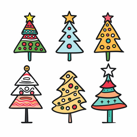 Set colorful Christmas trees designs, simple, playful style, holiday decoration elements. Cartoon Christmas trees isolated, stars, ornaments, decorated festive season concepts. Vector trees, cuteのイラスト素材