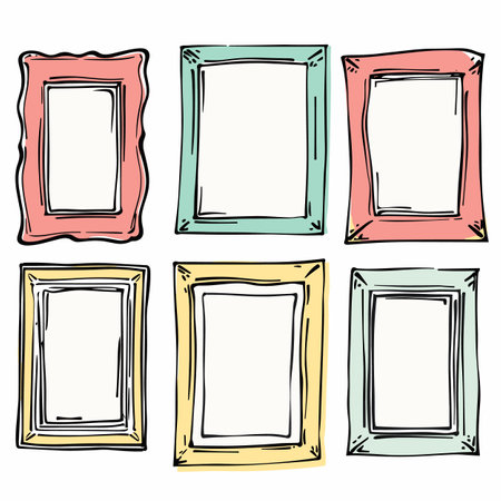 Handdrawn picture frames set isolated white background. Colorful sketch frame designs perfect gallery presentation. Simple doodle style, empty frames ready art display, pastel tonesのイラスト素材