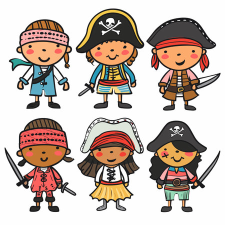 Six cartoon pirate kids wearing various pirate costumes holding swords, looking playful, ready adventure. Illustrated children smiling, diverse ethnicities represented attire. Happy, cute, youngのイラスト素材