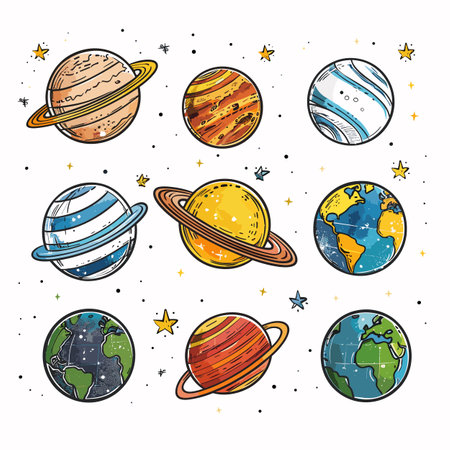Collection colorful planets stars space cosmic celestial bodies handdrawn. Cartoon style solar system astronomy education graphic. Diverse planets illustrations, space exploration, stars orbitsのイラスト素材