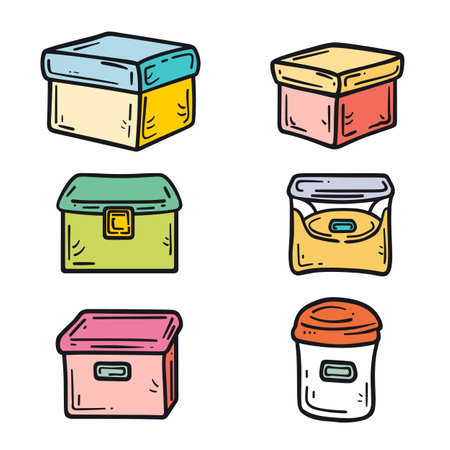 Handdrawn colorful storage boxes vector illustration isolated white background. Six different styles containers doodle, organizing home office supplies. Multicolored plastic storage bins cartoonのイラスト素材