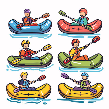 Animated characters kayaking, wearing helmets life vests, paddling colorful kayaks. Cartoon style, different colors kayaks vests, water sports theme. Bright colors, leisure activity, happyのイラスト素材