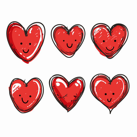 Six cute cartoon hearts smiling faces, handdrawn style, red, isolated white background. Happy hearts character doodles, expressions love, cheerful emotions, kawaii love concept, Valentines Dayのイラスト素材