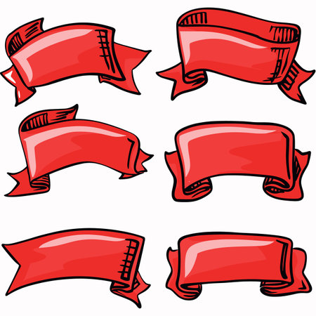 Set six red cartoon banners ribbon scrolls comic style isolated white background. Colorful vibrant handdrawn doodle design elements messages greetings announcements. Bright red scrolls unfurledのイラスト素材