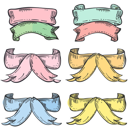 Handdrawn vintage ribbons set colored pink, green, blue, yellow. Retro banners perfect text, greeting cards, invitations. Sketch style ribbon banners, pastel tonesのイラスト素材