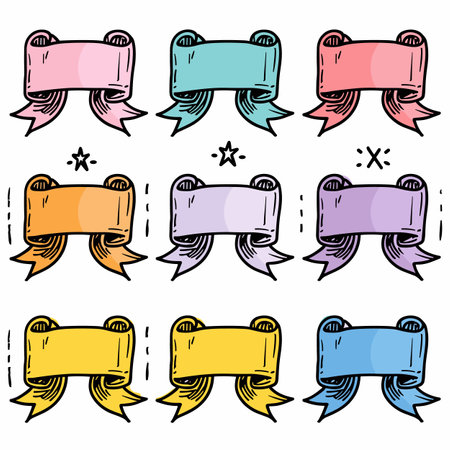 Set six colorful ribbon banners, handdrawn style, featuring pink, blue, orange, purple, yellow, light blue ribbons. Banners text, doodle ribbons decorative messaging, scroll banners tails. Handdrawnのイラスト素材