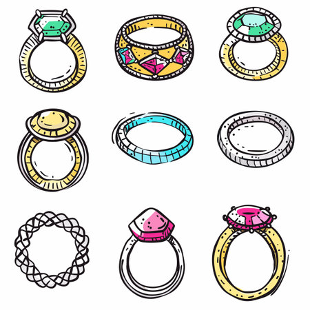 Collection colorful handdrawn engagement rings, various gemstones featured. Nine unique designs wedding jewelry, eclectic assortment, bright colors. Handcrafted ring illustrations, cartoonish styleのイラスト素材