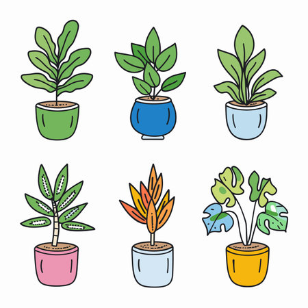 Six houseplants colorful pots handdrawn style illustration. Potted indoor plants different shapes, sizes green leaves. Vivid pot colors blue, green, pink, grey, yellow homely decorのイラスト素材